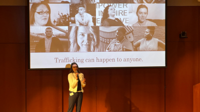 Spencer Hayes, presenting on the topic “Social Media's Dichotomous Agency in Human Trafficking” during the Spring 2026 3MT and Graduate Student Showcase.